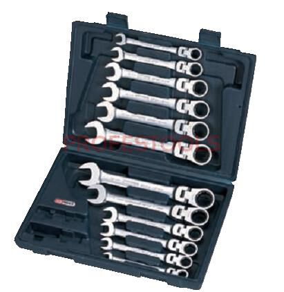 KS TOOLS Zestaw kluczy płasko-oczkowych z grzechotką 8-19mm z przegubem 12sz.