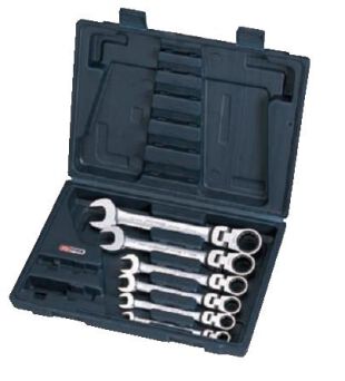 KS TOOLS Zestaw kluczy płasko-oczkowych z grzechotką 8-10-12-13-17-19mm z przegubem 6sz.